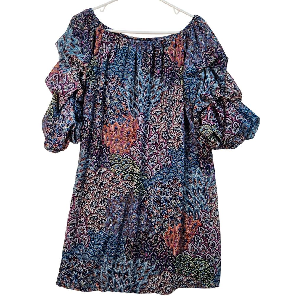 MSK Blue Multicolor Paisley Patchwork Dress Tiered Ruffle Sleeves XL Boho Hippie